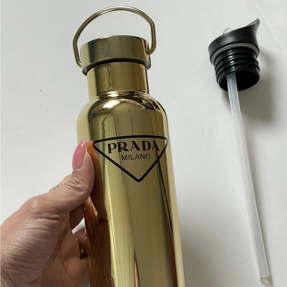 PRADA Gold Water Bottle with Black Lid straw gift holiday logo